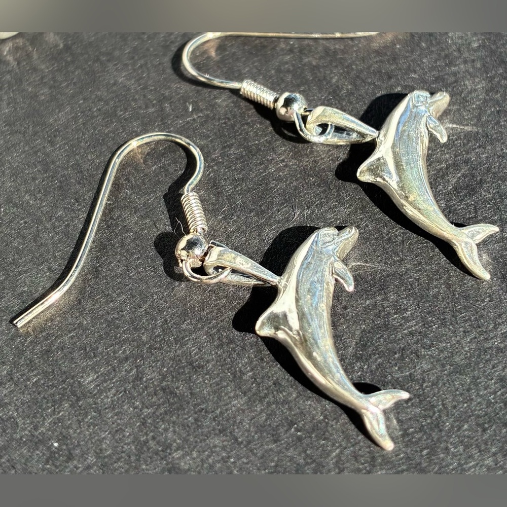 Sterling Silver Vintage Kabana Dolphin Pendandt Earrings / Hand Crafted / NWT - Picture 2 of 4